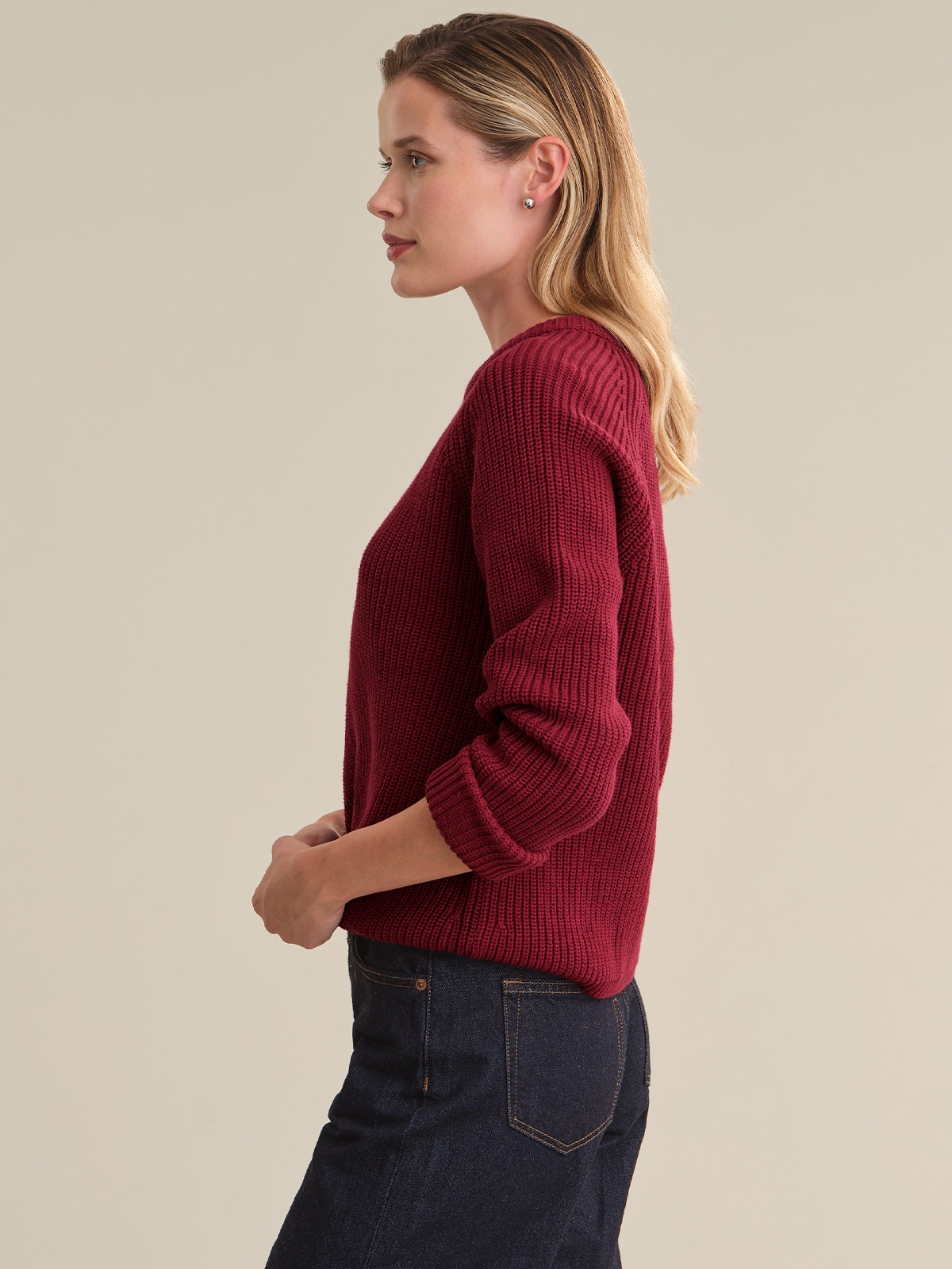 Jane: Crewneck Shaker Stitch Cotton Sweater - Dark Cherry