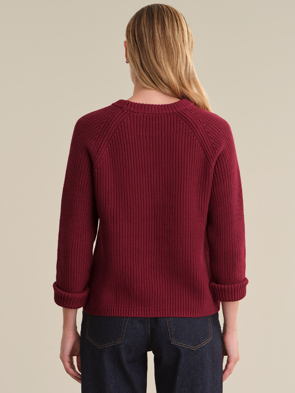 Jane: Crewneck Shaker Stitch Cotton Sweater - Dark Cherry