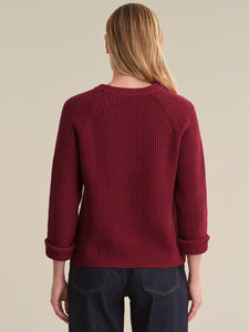 Jane: Crewneck Shaker Stitch Cotton Sweater - Dark Cherry
