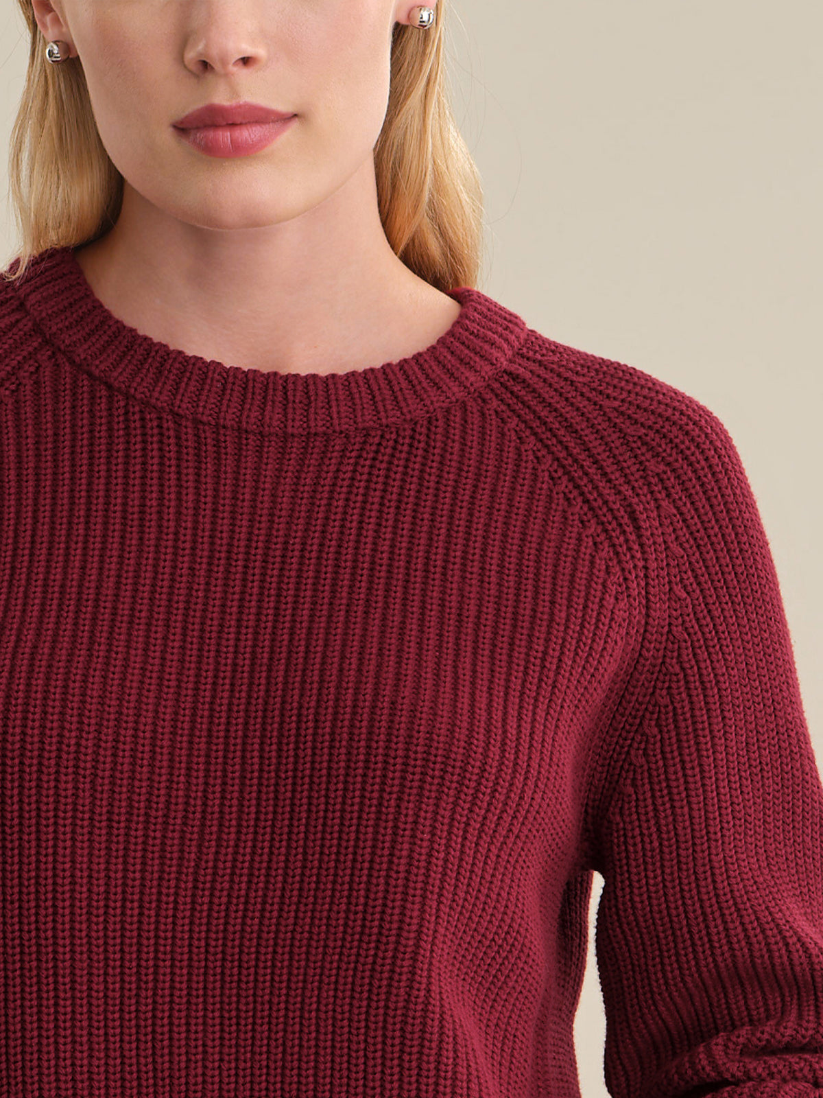 Jane: Crewneck Shaker Stitch Cotton Sweater - Dark Cherry