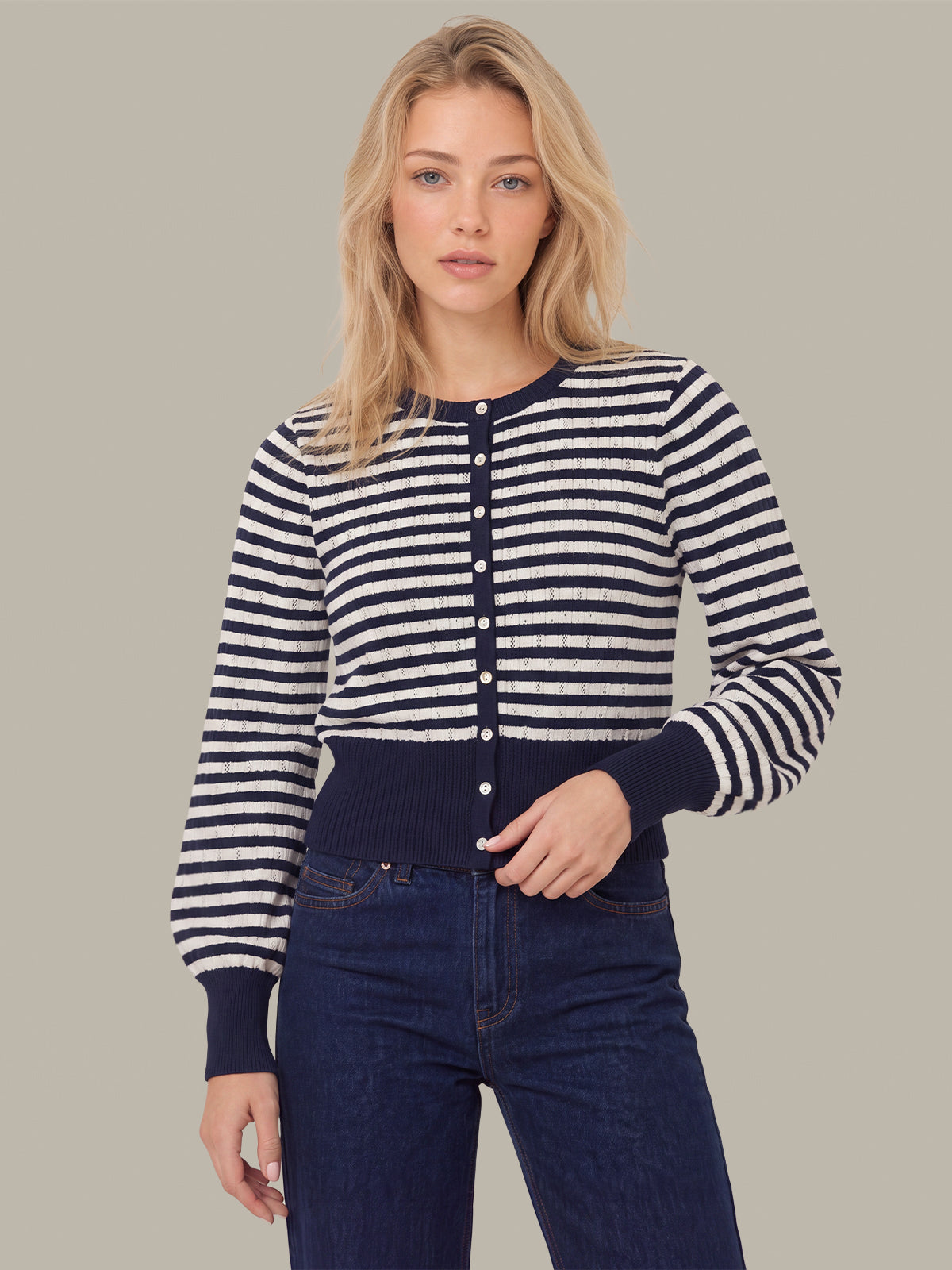 Beckett Striped Pointelle Blouson Sleeve High Rib Cardigan - Dark Blue Combo