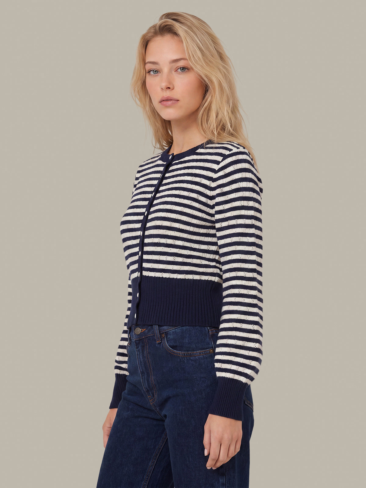 Beckett Striped Pointelle Blouson Sleeve High Rib Cardigan - Dark Blue Combo