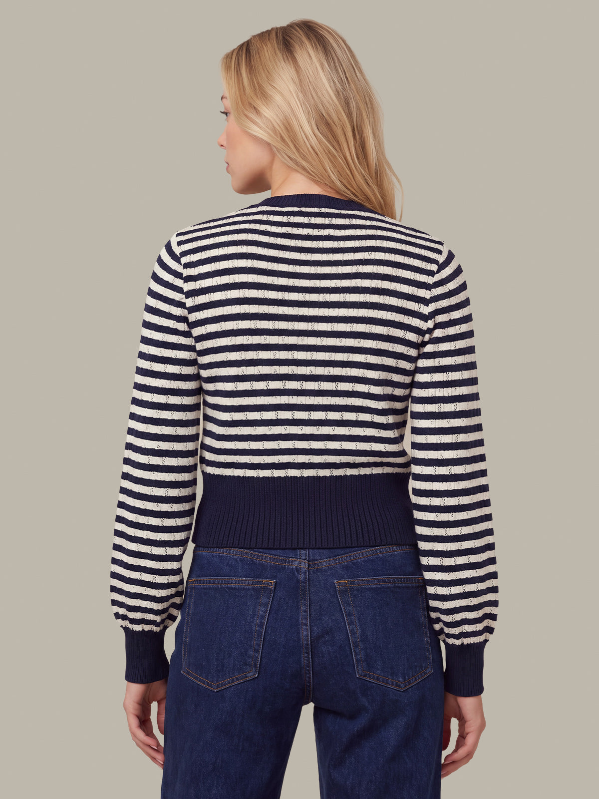 Beckett Striped Pointelle Blouson Sleeve High Rib Cardigan - Dark Blue Combo