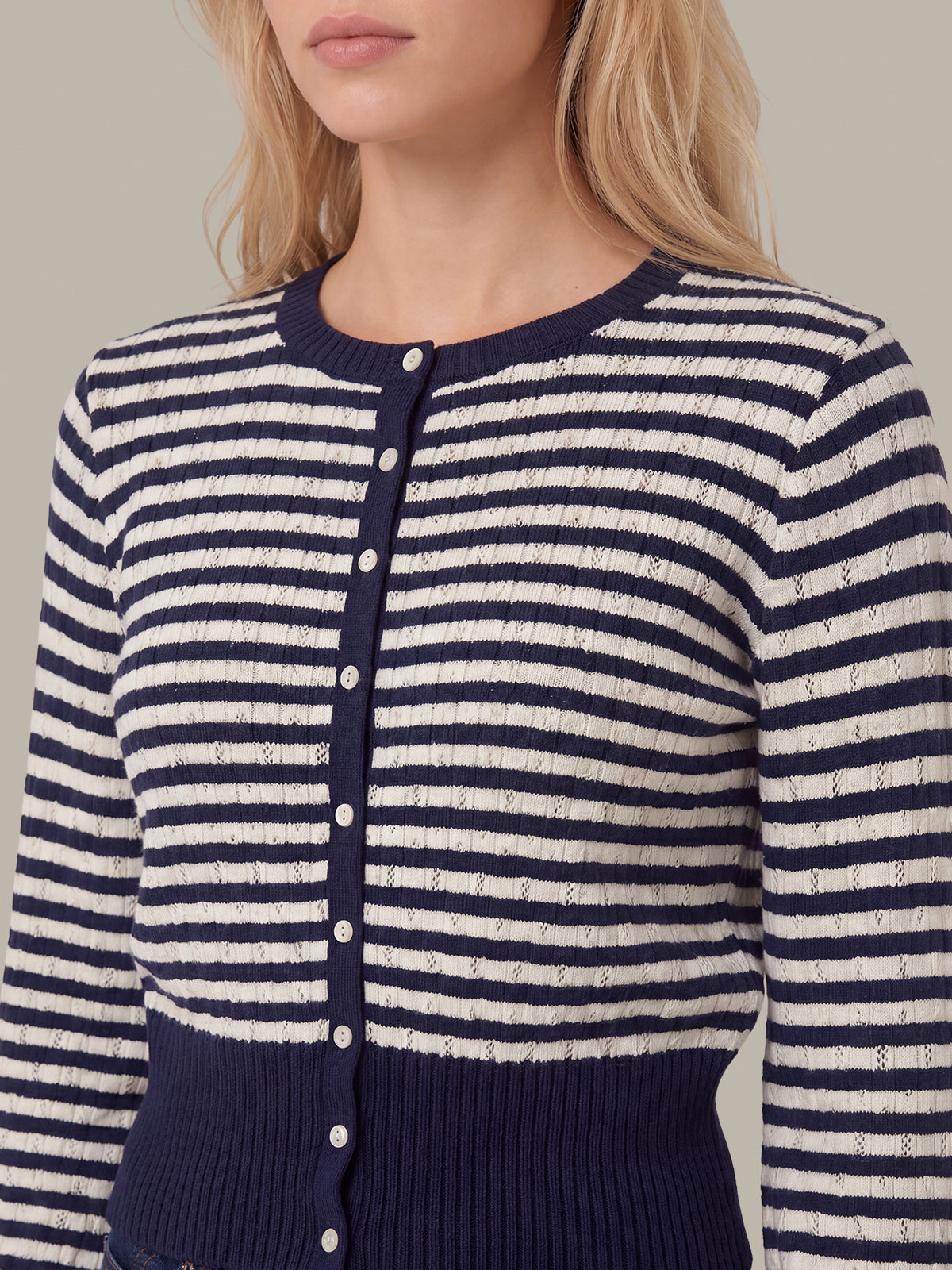 Beckett Striped Pointelle Blouson Sleeve High Rib Cardigan - Dark Blue Combo