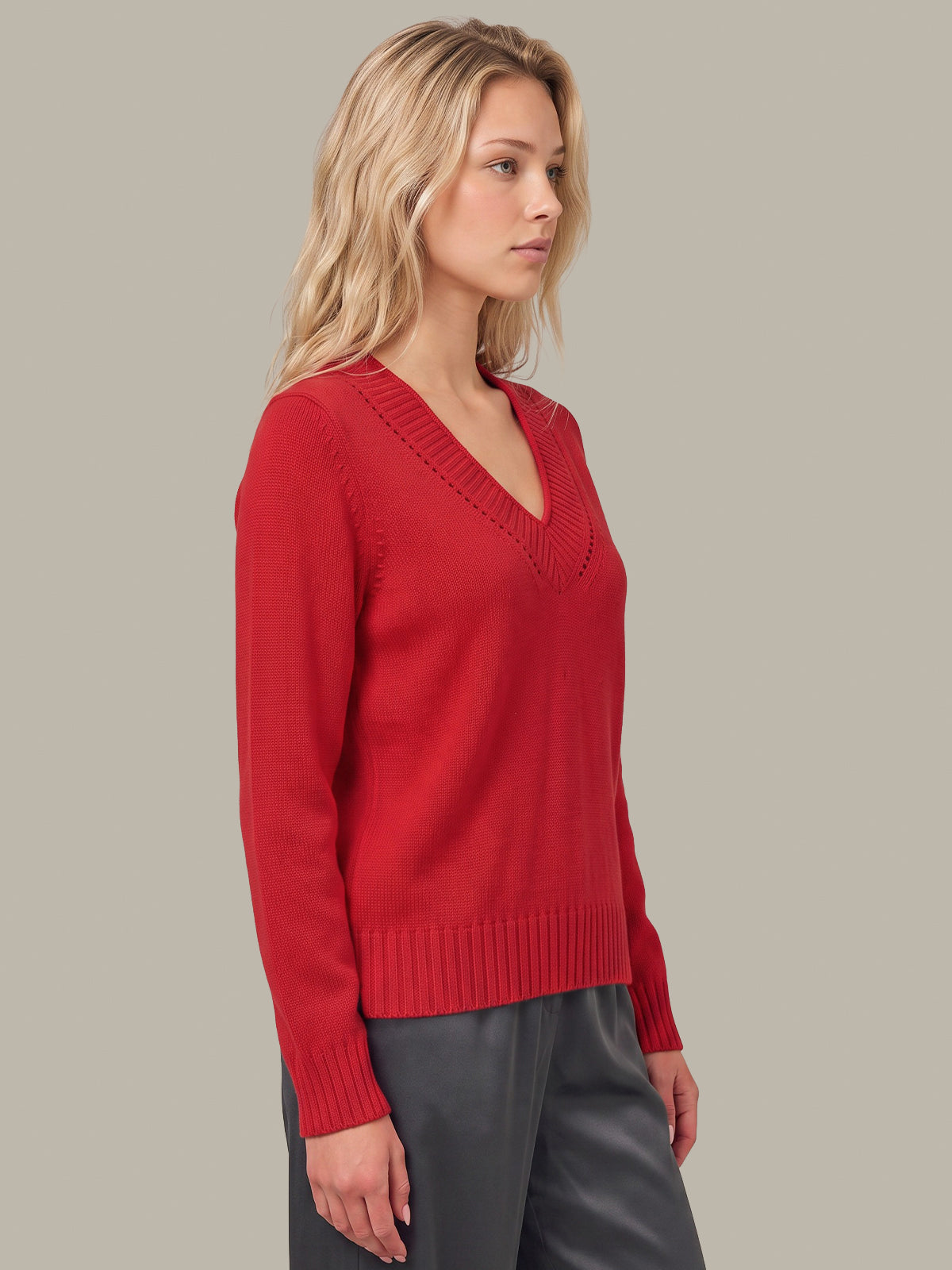 Virginia Vneck Pullover With Pointelle Details - True Red