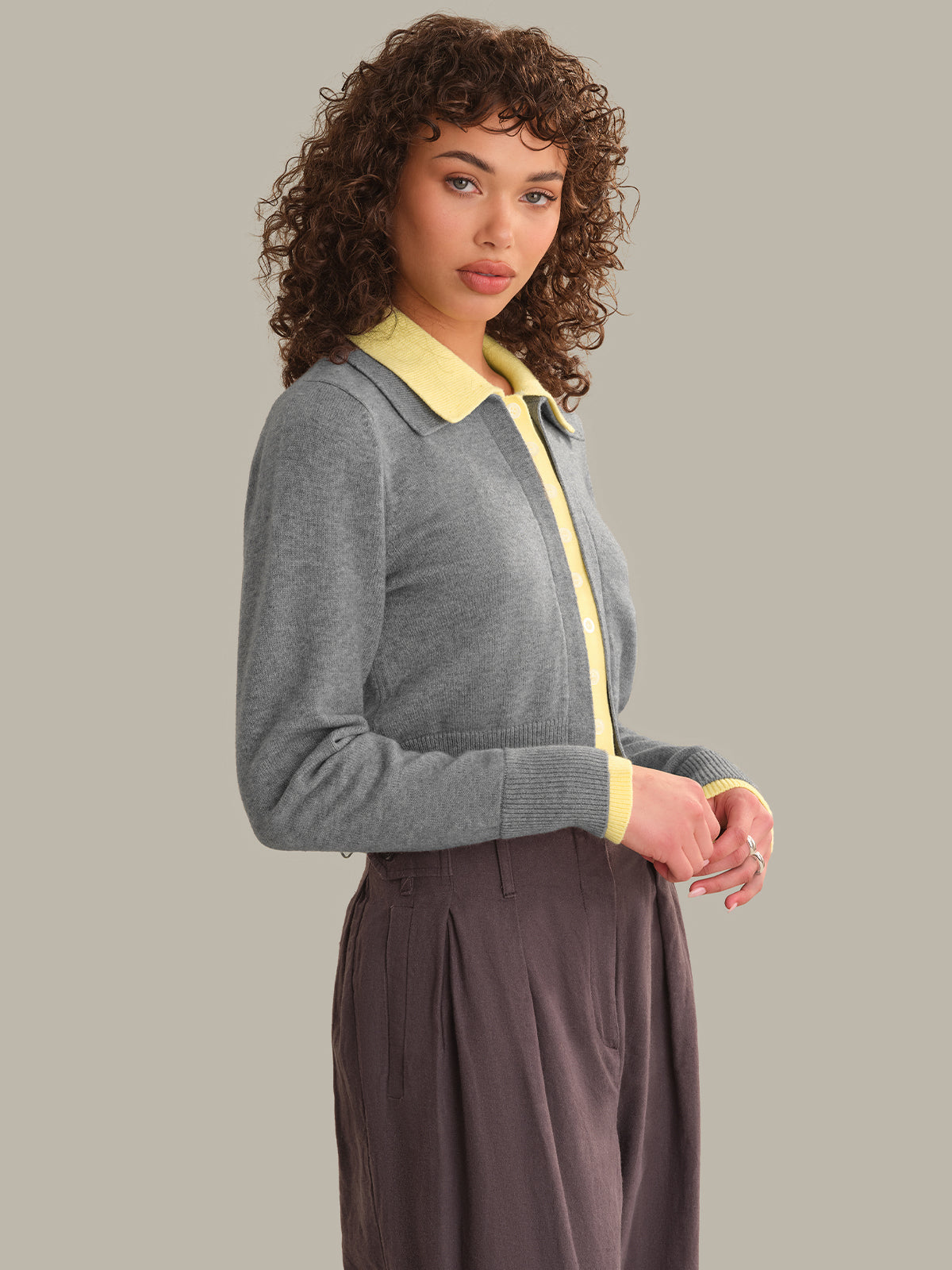 Priscilla Double Layer Polo Cardigan - Heather Grey Combo