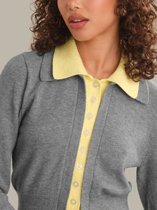 Priscilla Double Layer Polo Cardigan - Heather Grey Combo