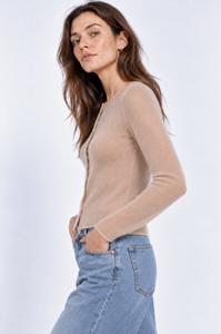 Sheer Luxury Cashmere Cardigan with Rolled Trims - Brown Sugar