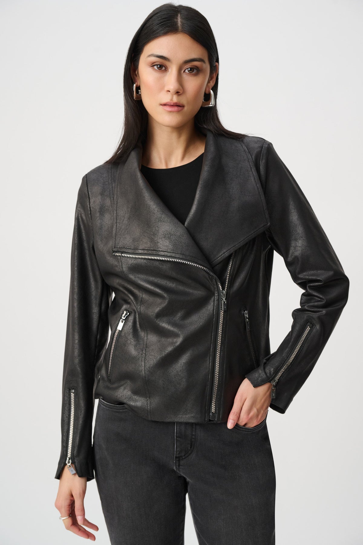 Foiled Fitted Moto Jacket - Black