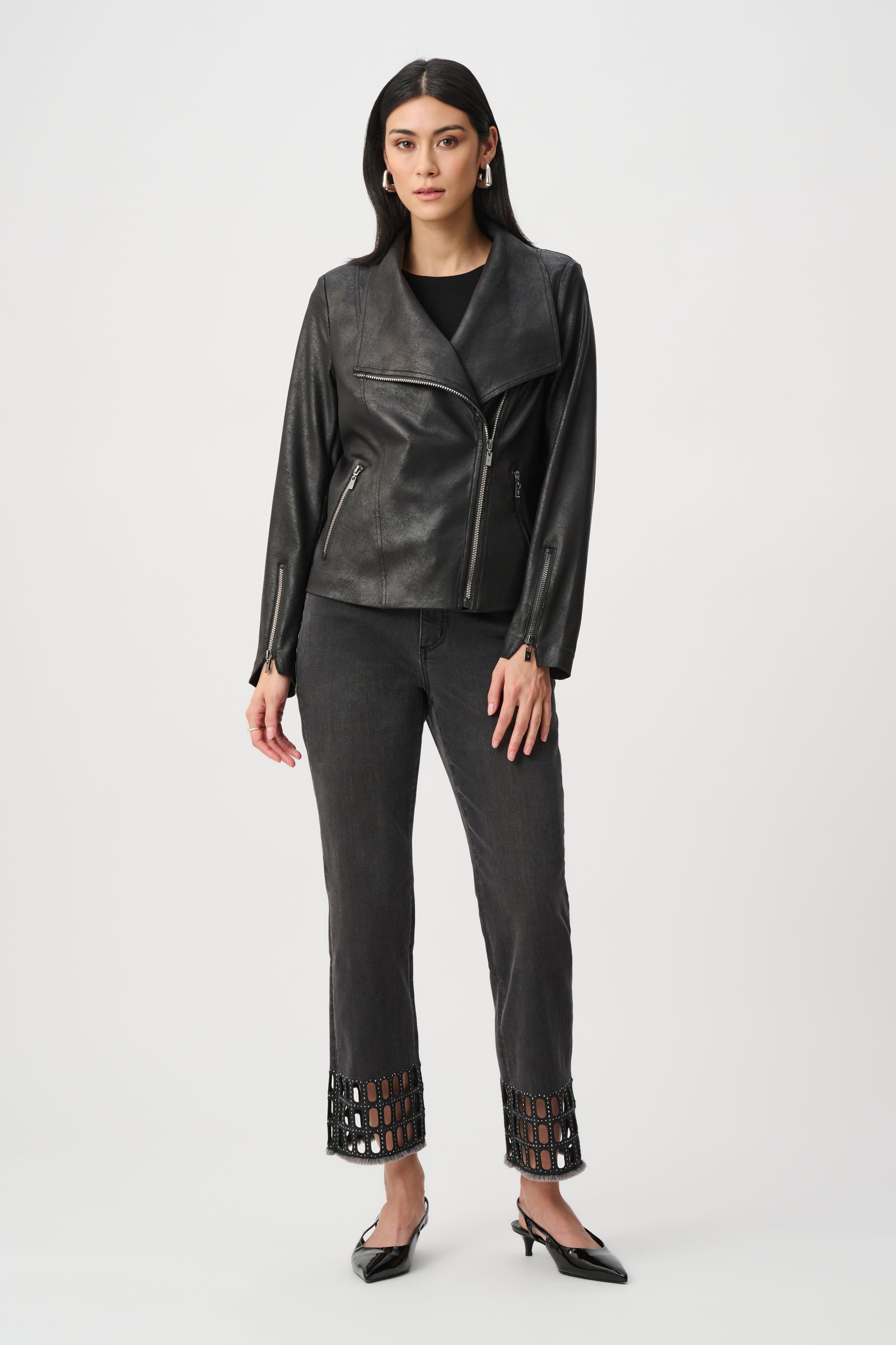 Foiled Fitted Moto Jacket - Black