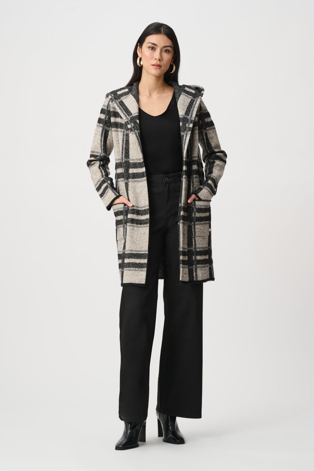 Jacquard Plaid Hooded Jacket - Champagne/Black