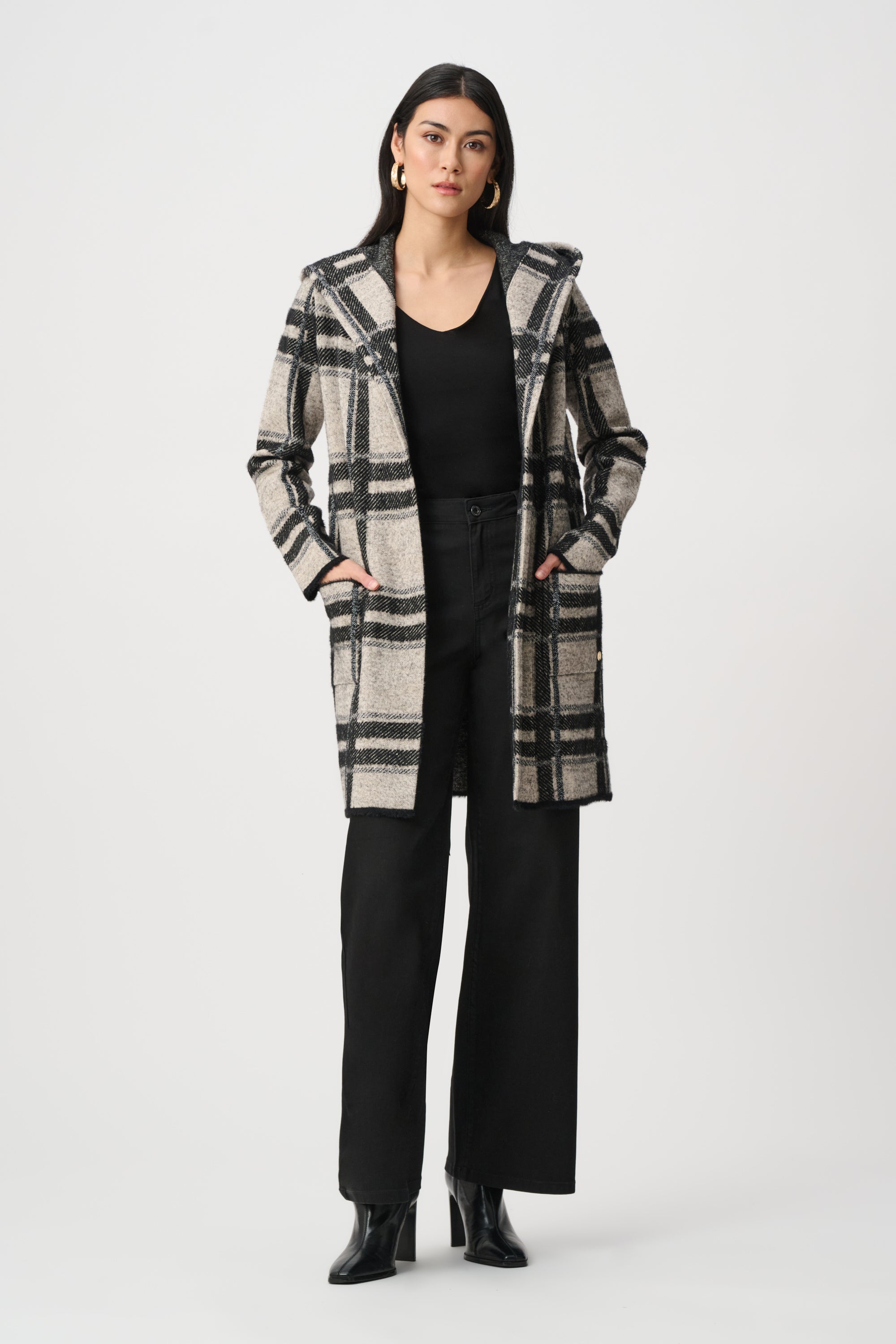 Jacquard Plaid Hooded Jacket - Champagne/Black