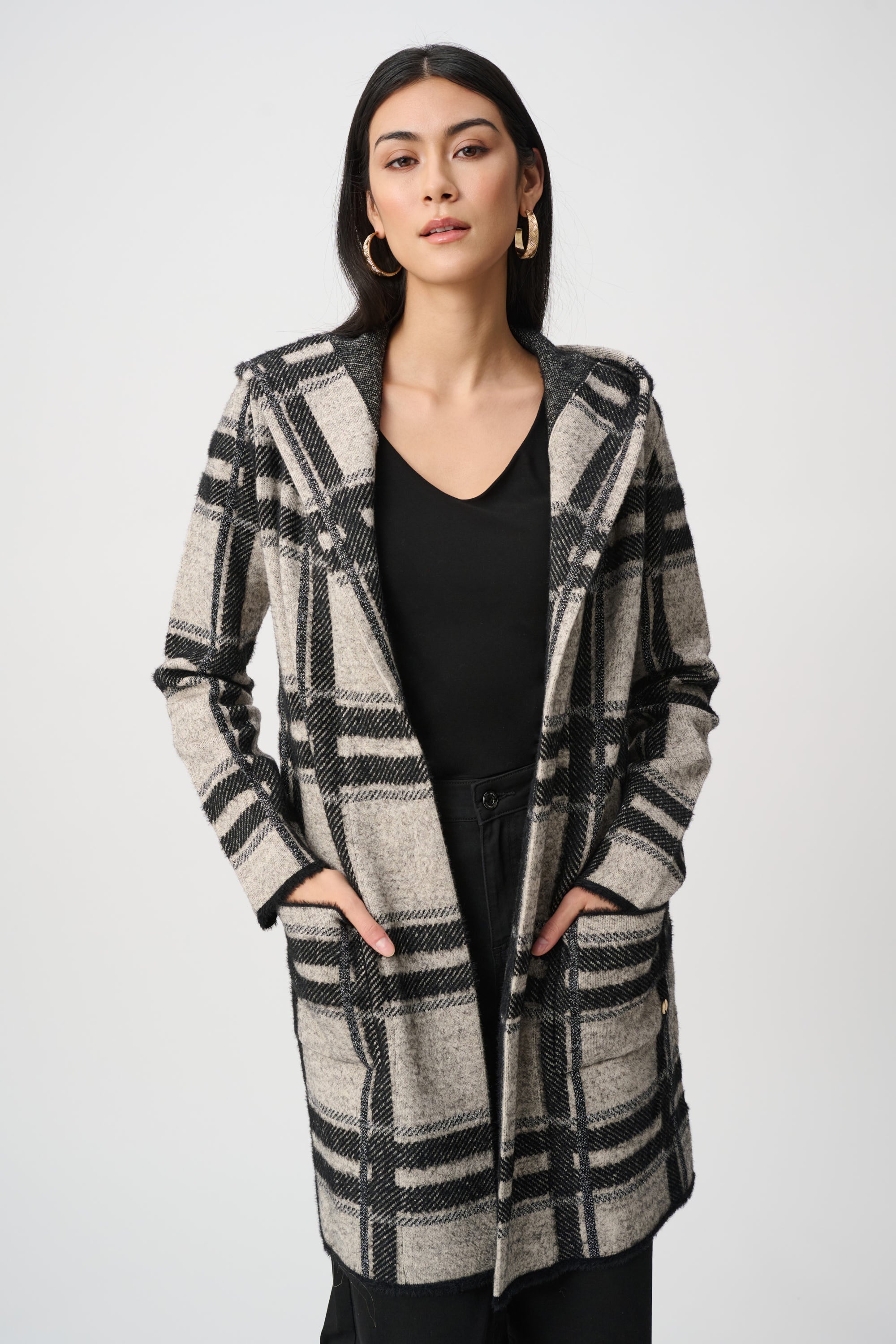 Jacquard Plaid Hooded Jacket - Champagne/Black