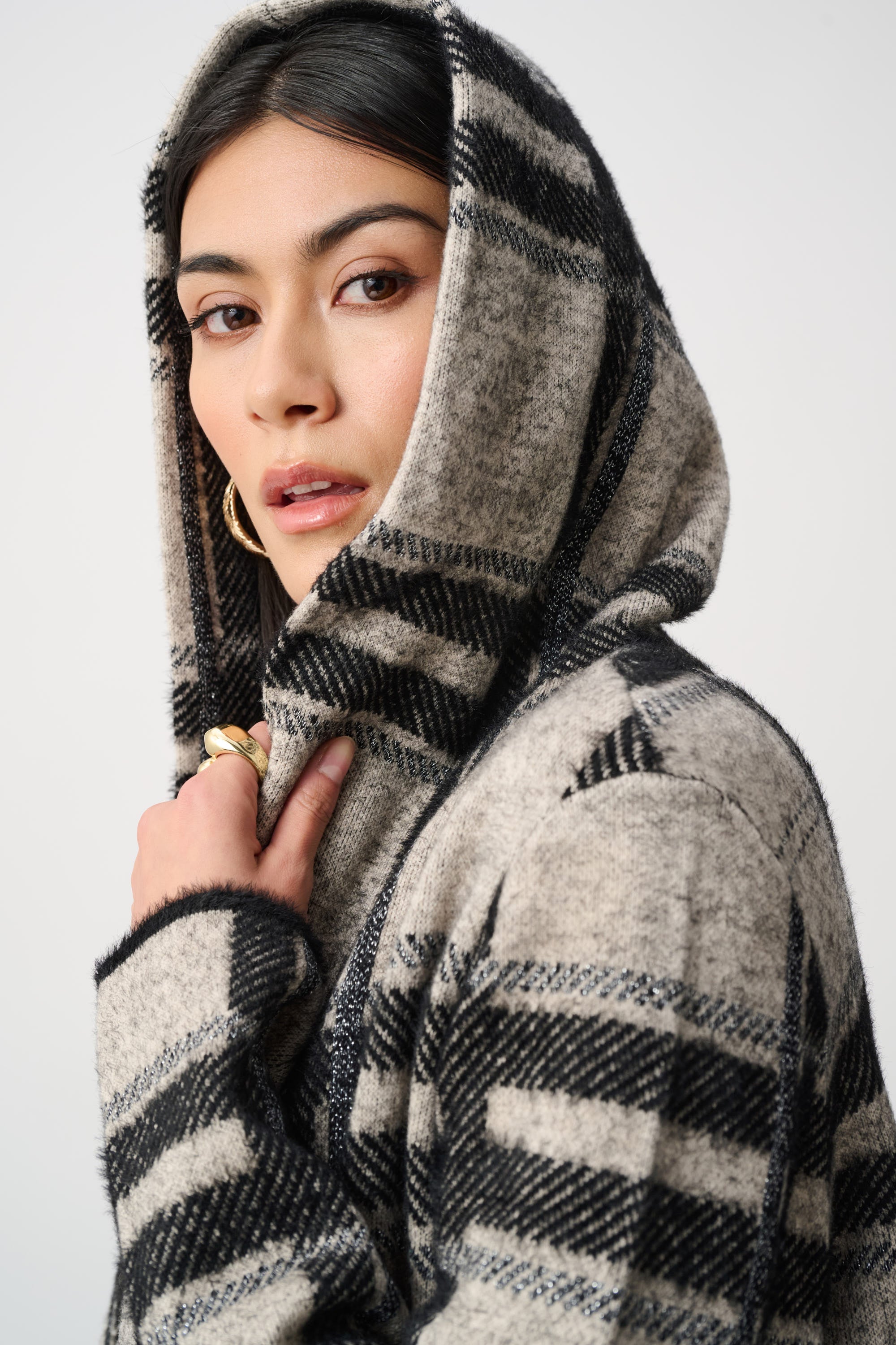 Jacquard Plaid Hooded Jacket - Champagne/Black