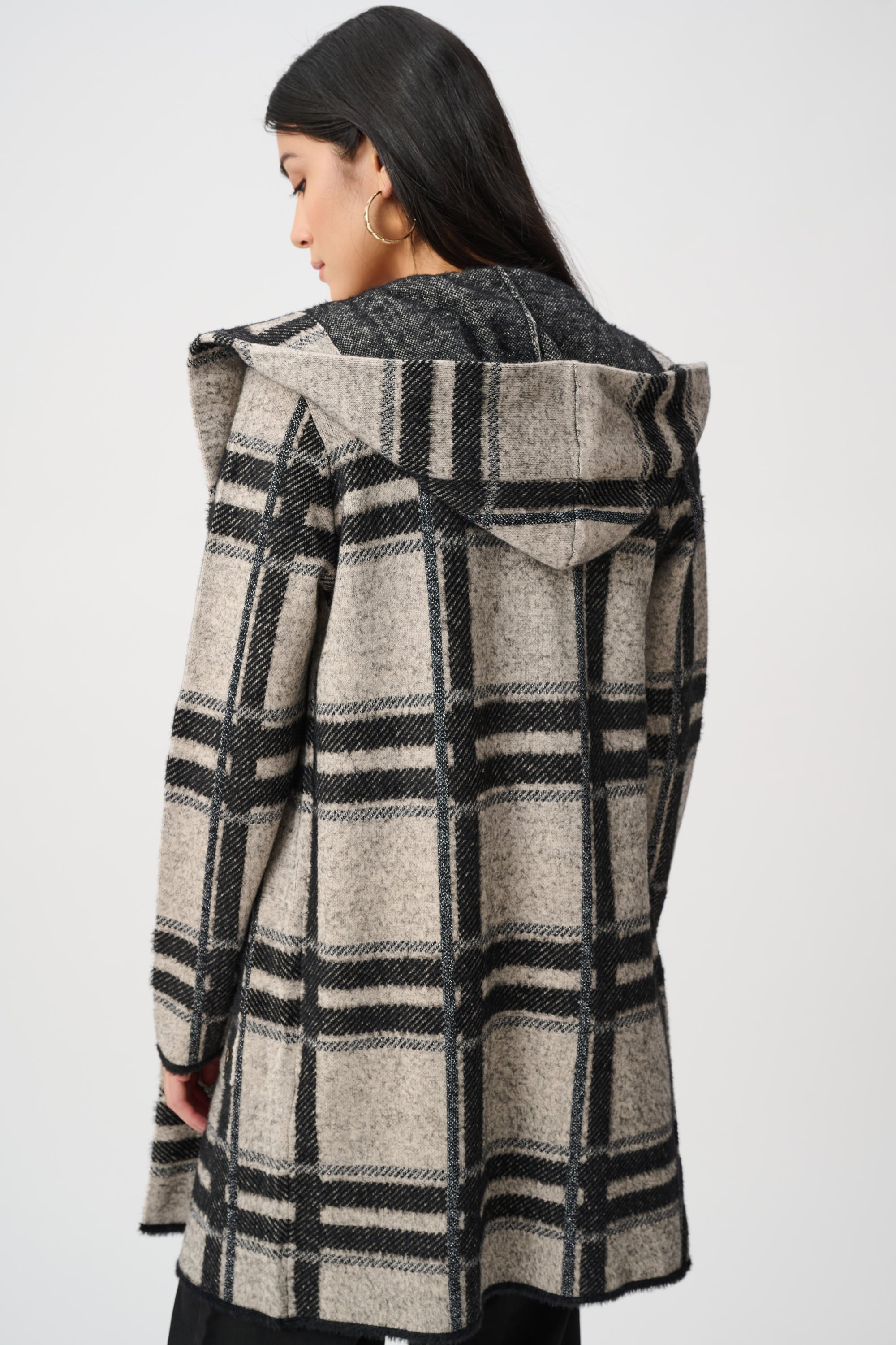 Jacquard Plaid Hooded Jacket - Champagne/Black