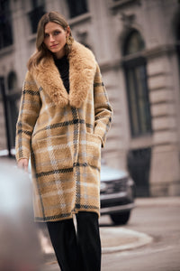 Faux Fur Feather Yarn Plaid Coat - Carmel/Multi