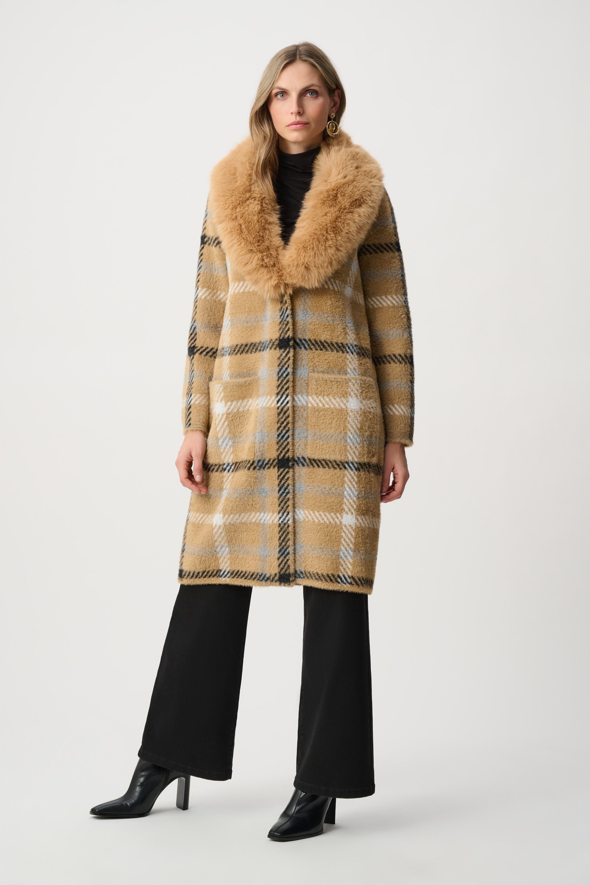 Faux Fur Feather Yarn Plaid Coat - Carmel/Multi