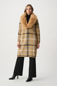 Faux Fur Feather Yarn Plaid Coat - Carmel/Multi