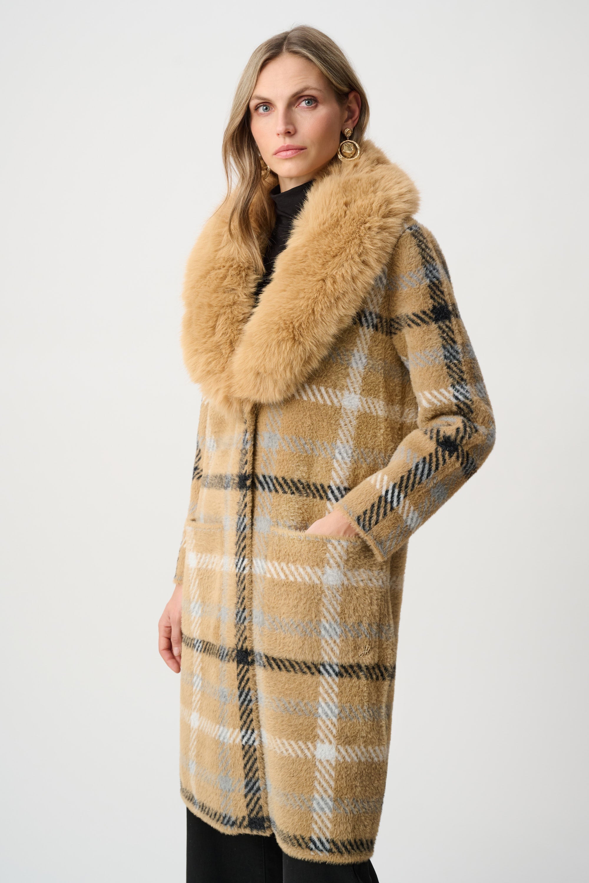 Faux Fur Feather Yarn Plaid Coat - Carmel/Multi