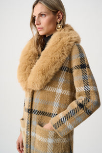 Faux Fur Feather Yarn Plaid Coat - Carmel/Multi