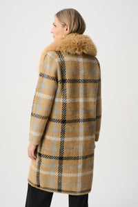 Faux Fur Feather Yarn Plaid Coat - Carmel/Multi