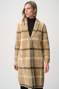 Faux Fur Feather Yarn Plaid Coat - Carmel/Multi