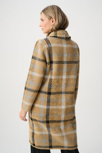 Faux Fur Feather Yarn Plaid Coat - Carmel/Multi