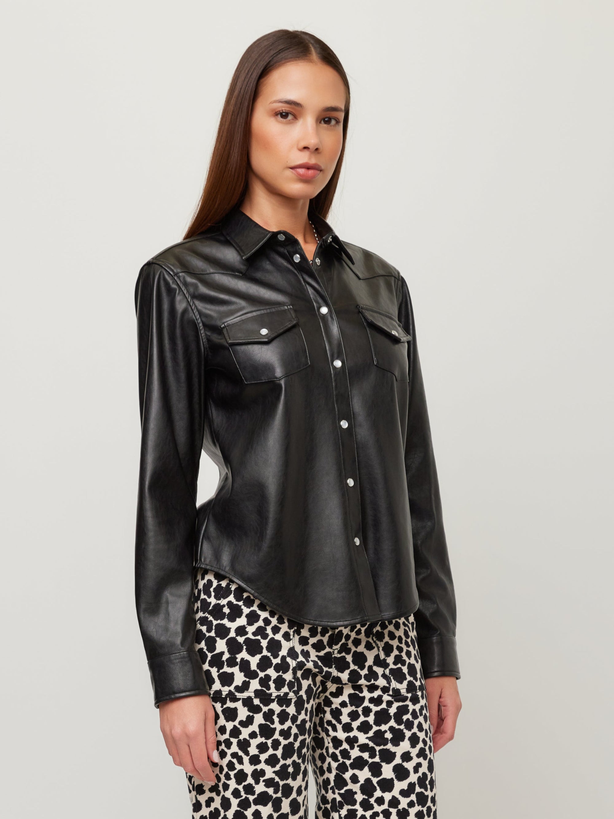 Anna Faux Leather Western Shirt - Black