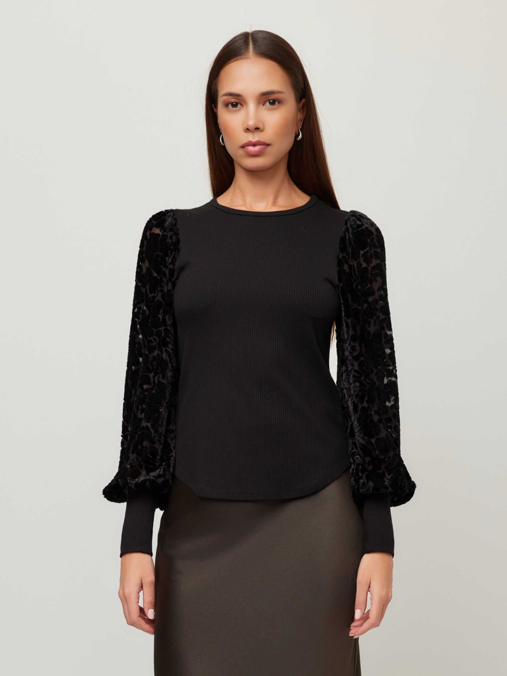 Kaya Contrast Bishop Sleeve Top - Black