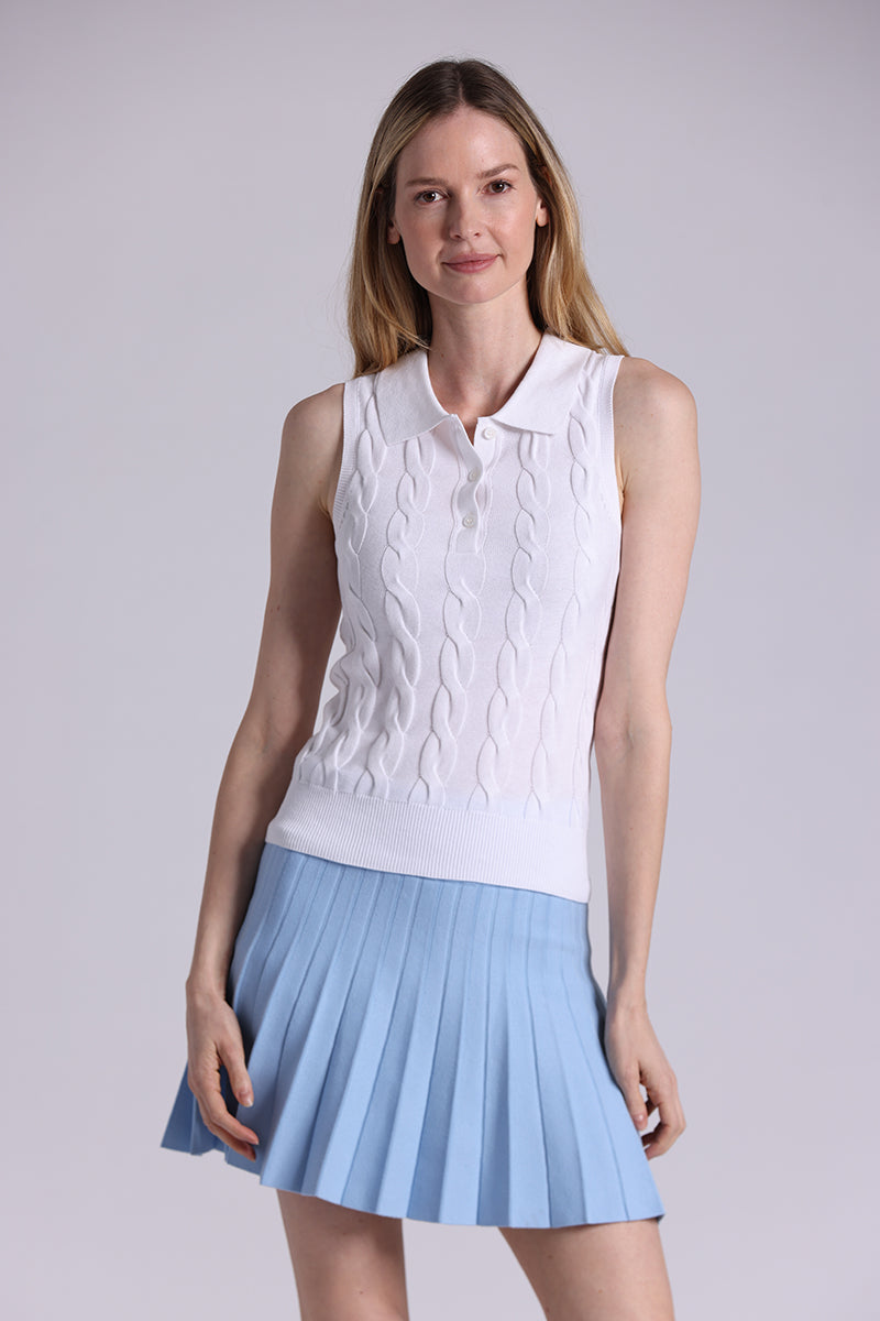 Cotton Sleeveless Cable Polo - White