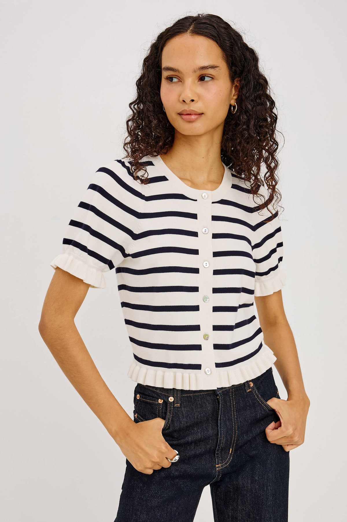 Lora Top - Ivory/Navy Stripe