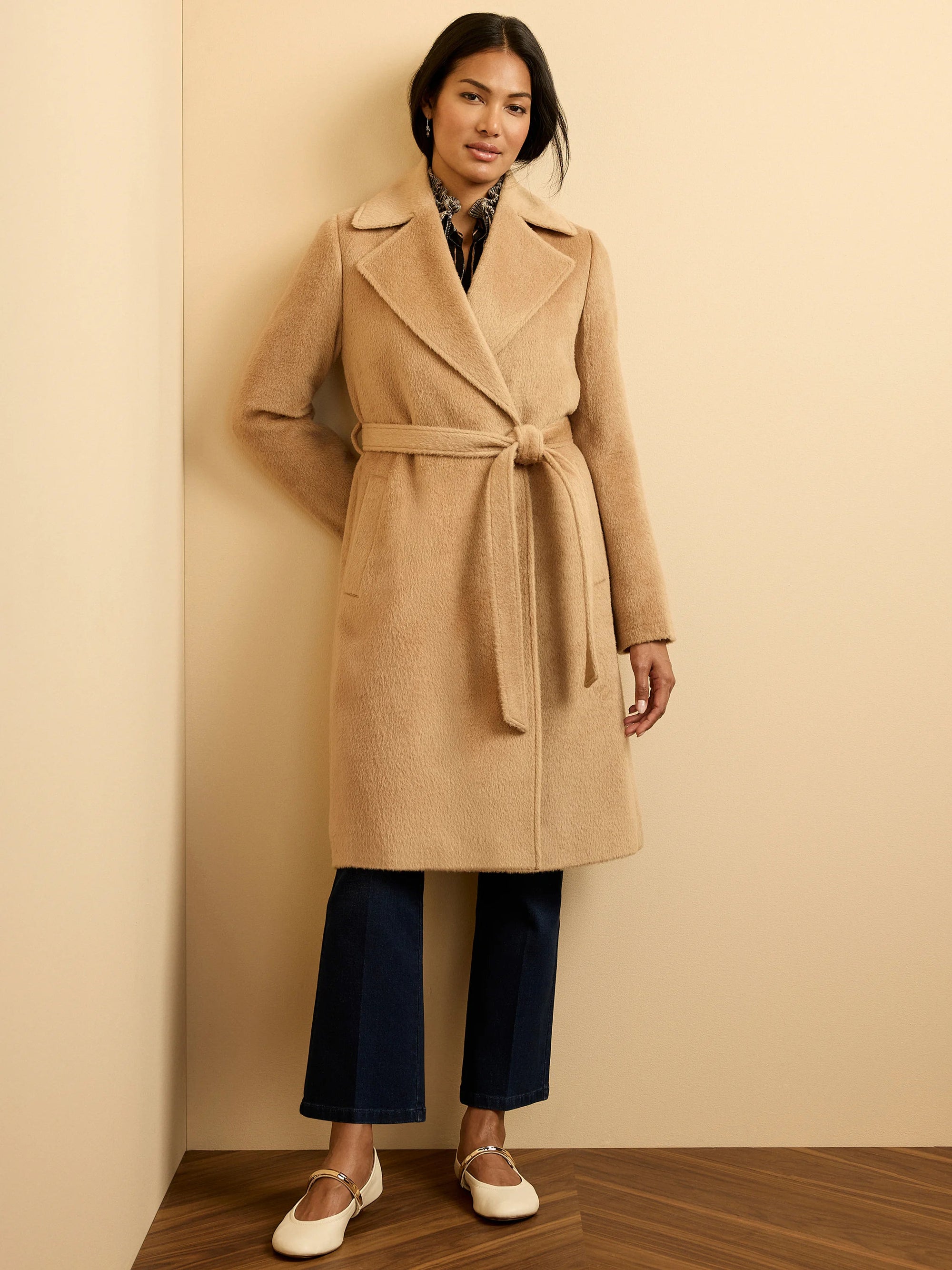 Alpaca Wool Blend Wrap Coat - Camel
