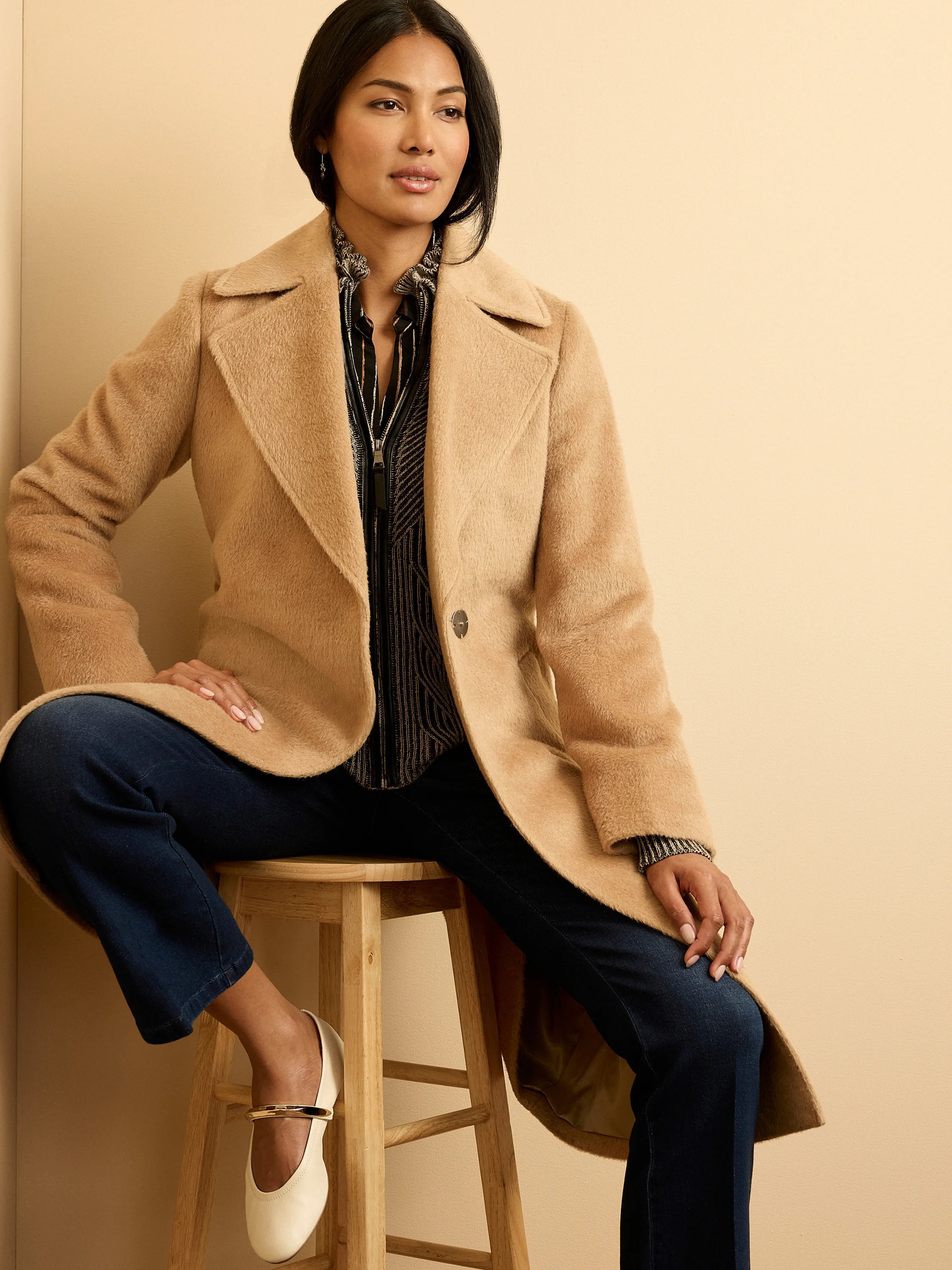 Alpaca Wool Blend Wrap Coat - Camel