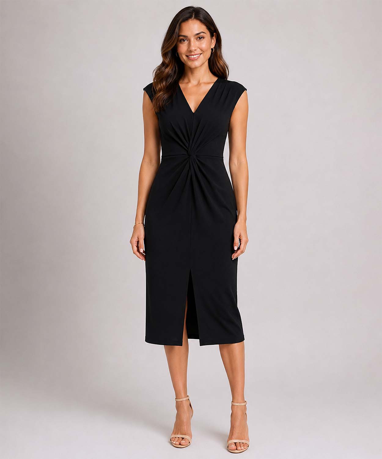 Sleeveless V-Neck Midi Dress, Front Twist & Split - Black