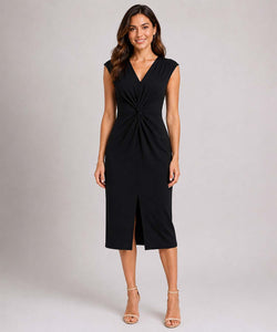 Sleeveless V-Neck Midi Dress, Front Twist & Split - Black