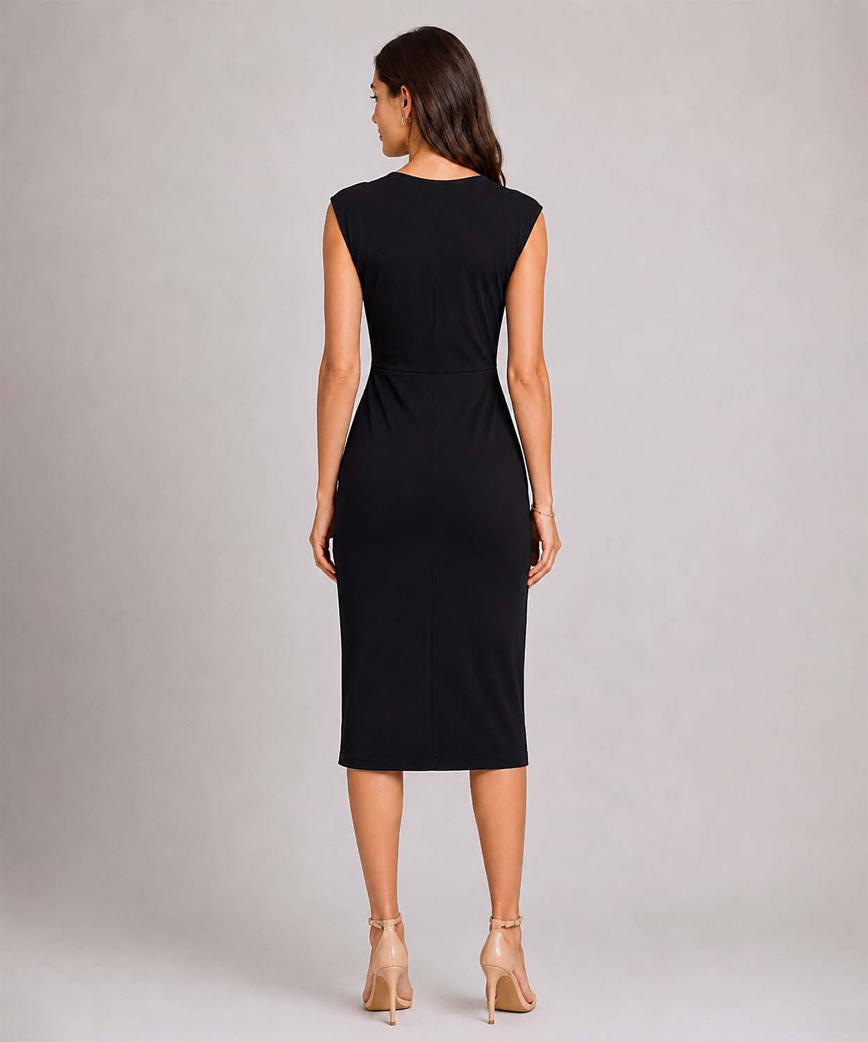 Sleeveless V-Neck Midi Dress, Front Twist & Split - Black