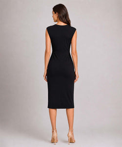 Sleeveless V-Neck Midi Dress, Front Twist & Split - Black