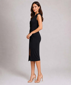 Sleeveless V-Neck Midi Dress, Front Twist & Split - Black